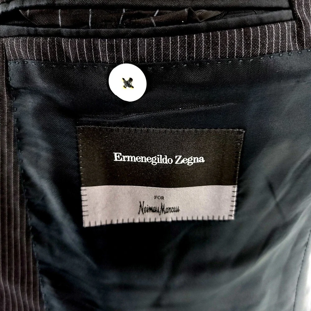 Ermenegildo Zegna Neiman Marcus Wool 2 Button Suit Jacket Black 42L Striped Mila